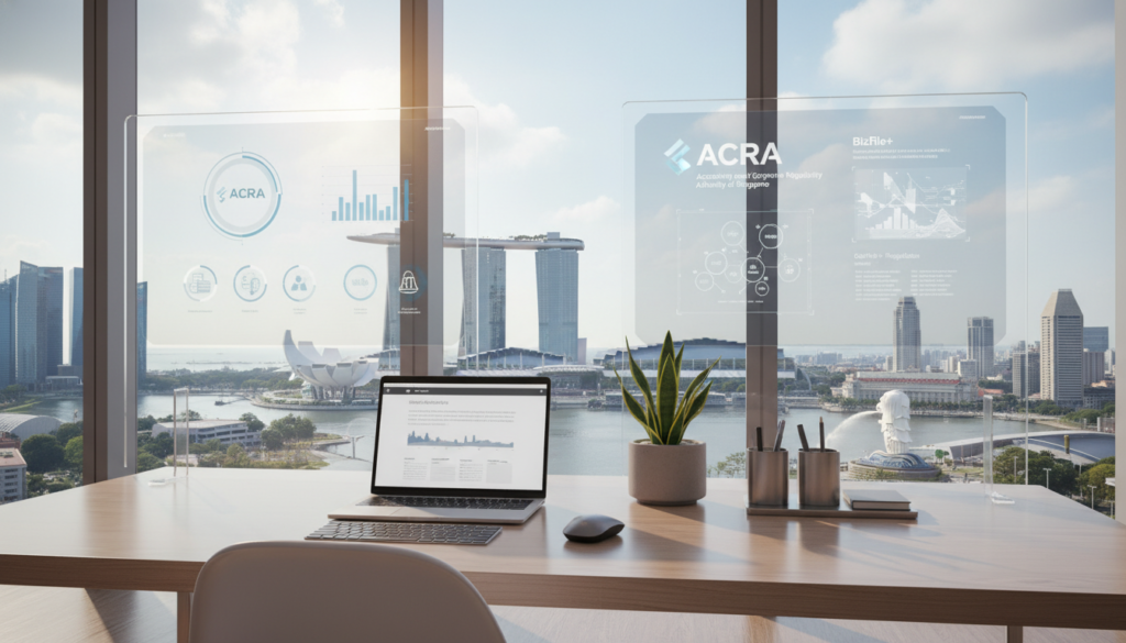 A modern virtual office environment in Singapore, showcasing a sleek, professional workspace. In the foreground, depict a stylish desk with a laptop, a potted plant, and stationery, conveying a sense of organization and productivity. In the middle layer, illustrate a large window with a view of Singapore's skyline, featuring iconic landmarks like Marina Bay Sands and the Merlion, softly illuminated by the natural sunlight filtering through. The background should include digital displays or infographics that suggest compliance with ACRA rules, emphasizing professionalism. The atmosphere is bright and inspiring, reflecting a seamless blend of technology and compliance in a corporate setting. Use soft lighting to create an inviting yet focused mood. Photorealistic style, capturing fine details and textures, with no people present. A modern virtual office environment in Singapore, showcasing a sleek, professional workspace. In the foreground, depict a stylish desk with a laptop, a potted plant, and stationery, conveying a sense of organization and productivity. In the middle layer, illustrate a large window with a view of Singapore's skyline, featuring iconic landmarks like Marina Bay Sands and the Merlion, softly illuminated by the natural sunlight filtering through. The background should include digital displays or infographics that suggest compliance with ACRA rules, emphasizing professionalism. The atmosphere is bright and inspiring, reflecting a seamless blend of technology and compliance in a corporate setting. Use soft lighting to create an inviting yet focused mood. Photorealistic style, capturing fine details and textures, with no people present.