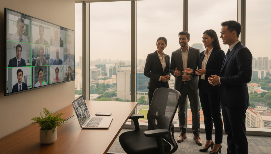 A modern virtual office scene in Singapore, showcasing a sleek, minimalist workspace. In the foreground, a stylish wooden desk with a high-tech laptop, a smartphone, and a potted plant to add a touch of greenery. The middle section features a comfortable ergonomic chair and a wall-mounted screen displaying virtual meetings, emphasizing a tech-savvy environment. The background consists of large glass windows revealing a panoramic view of Singapore’s skyline, bathed in soft, natural light that creates a warm, inviting atmosphere. The scene is populated by diverse professionals in business attire engaged in collaborative discussion, embodying professionalism and modernity. The image is photorealistic, captured from a slight diagonal angle to enhance depth and perspective. A modern virtual office scene in Singapore, showcasing a sleek, minimalist workspace. In the foreground, a stylish wooden desk with a high-tech laptop, a smartphone, and a potted plant to add a touch of greenery. The middle section features a comfortable ergonomic chair and a wall-mounted screen displaying virtual meetings, emphasizing a tech-savvy environment. The background consists of large glass windows revealing a panoramic view of Singapore’s skyline, bathed in soft, natural light that creates a warm, inviting atmosphere. The scene is populated by diverse professionals in business attire engaged in collaborative discussion, embodying professionalism and modernity. The image is photorealistic, captured from a slight diagonal angle to enhance depth and perspective.