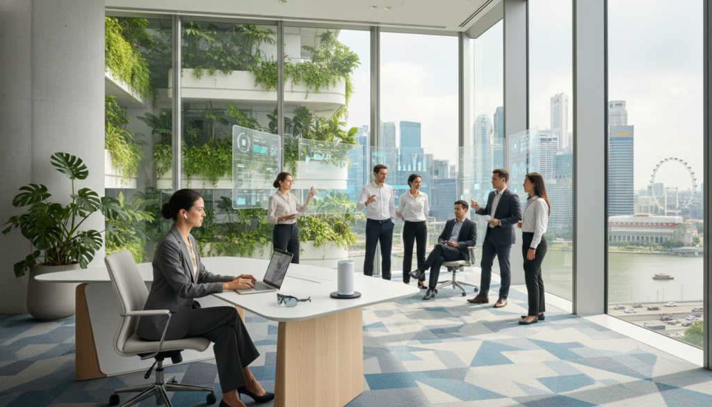 A modern virtual office scene in Singapore, showcasing sleek, minimalist design elements. In the foreground, a professional businesswoman in formal attire is sitting at a stylish desk with a laptop, surrounded by high-tech gadgets and plant decor. The middle of the image features a spacious open area with glass walls, where a diverse group of professionals collaborates in a digital meeting using virtual screens. The background reveals an iconic Singapore skyline through large windows, filled with vibrant greenery and city life. Bright, natural lighting floods the space, creating a warm and inviting atmosphere, while the angle captures both intimacy and openness of the modern virtual workspace. The overall mood reflects innovation, collaboration, and a fresh approach to business environments. A modern virtual office scene in Singapore, showcasing sleek, minimalist design elements. In the foreground, a professional businesswoman in formal attire is sitting at a stylish desk with a laptop, surrounded by high-tech gadgets and plant decor. The middle of the image features a spacious open area with glass walls, where a diverse group of professionals collaborates in a digital meeting using virtual screens. The background reveals an iconic Singapore skyline through large windows, filled with vibrant greenery and city life. Bright, natural lighting floods the space, creating a warm and inviting atmosphere, while the angle captures both intimacy and openness of the modern virtual workspace. The overall mood reflects innovation, collaboration, and a fresh approach to business environments.