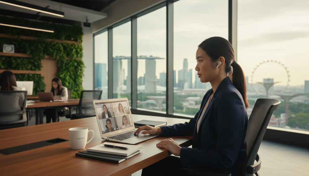 A modern virtual office scene set in Singapore, showcasing a sleek, minimalist workspace designed for professionalism and productivity. In the foreground, a polished wooden desk cluttered with a laptop, stationery, and a stylish coffee mug. A professional individual in business attire, a young Asian woman, is engaged in a video conference, showcasing focus and determination. In the middle ground, a large window reveals a stunning urban skyline with iconic Singaporean architecture, bathed in warm, natural sunlight. The background features a modern office landscape with greenery, reflecting a calm and inspiring atmosphere. The composition should be photorealistic, with soft shadows and balanced lighting to create a professional yet inviting mood. A modern virtual office scene set in Singapore, showcasing a sleek, minimalist workspace designed for professionalism and productivity. In the foreground, a polished wooden desk cluttered with a laptop, stationery, and a stylish coffee mug. A professional individual in business attire, a young Asian woman, is engaged in a video conference, showcasing focus and determination. In the middle ground, a large window reveals a stunning urban skyline with iconic Singaporean architecture, bathed in warm, natural sunlight. The background features a modern office landscape with greenery, reflecting a calm and inspiring atmosphere. The composition should be photorealistic, with soft shadows and balanced lighting to create a professional yet inviting mood.