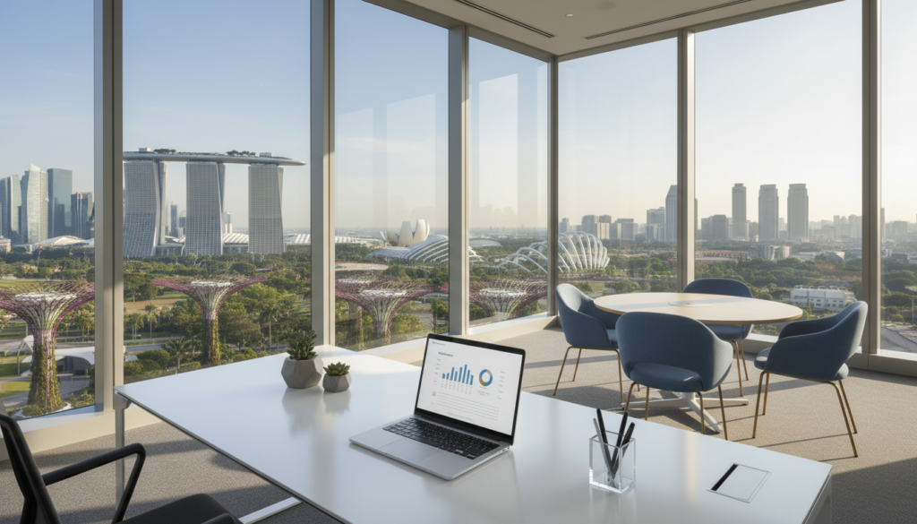 A modern virtual office setting in Singapore, featuring a sleek, minimalist design with a large window showcasing the iconic skyline, including the Marina Bay Sands and the Supertree Grove. In the foreground, a well-organized desk with a laptop, plant, and stationery creates a professional atmosphere, while in the middle ground, a stylish meeting area with comfortable seating invites collaboration. The background captures the shimmering cityscape under clear blue skies, with warm, natural lighting casting soft shadows. The scene is vibrant yet calming, suitable for a productive work environment. The image should focus on the workspace without any people or distractions, ensuring a clean and sophisticated look. A modern virtual office setting in Singapore, featuring a sleek, minimalist design with a large window showcasing the iconic skyline, including the Marina Bay Sands and the Supertree Grove. In the foreground, a well-organized desk with a laptop, plant, and stationery creates a professional atmosphere, while in the middle ground, a stylish meeting area with comfortable seating invites collaboration. The background captures the shimmering cityscape under clear blue skies, with warm, natural lighting casting soft shadows. The scene is vibrant yet calming, suitable for a productive work environment. The image should focus on the workspace without any people or distractions, ensuring a clean and sophisticated look.