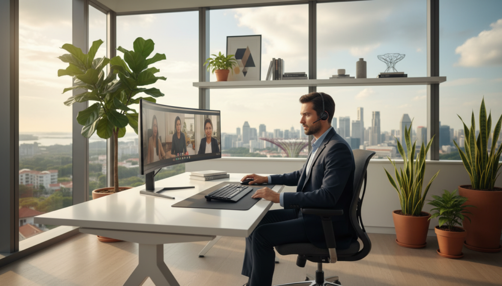 A modern virtual office setup in Singapore, featuring a sleek desk with a high-tech computer and ergonomic chair positioned in a bright, airy space. In the foreground, a professional-looking person in smart business attire is engaged in a video call, showcasing a focused expression. The middle ground includes contemporary office decor, large windows letting in natural light, and potted plants adding a touch of greenery. The background reveals a panoramic view of Singapore’s skyline, emphasizing the city’s dynamic business environment. The scene is illuminated with soft, diffused lighting to create a warm and inviting atmosphere, captured with a slightly elevated angle to provide depth and perspective. The overall mood is one of productivity and professionalism, suitable for a business expansion solution context. A modern virtual office setup in Singapore, featuring a sleek desk with a high-tech computer and ergonomic chair positioned in a bright, airy space. In the foreground, a professional-looking person in smart business attire is engaged in a video call, showcasing a focused expression. The middle ground includes contemporary office decor, large windows letting in natural light, and potted plants adding a touch of greenery. The background reveals a panoramic view of Singapore’s skyline, emphasizing the city’s dynamic business environment. The scene is illuminated with soft, diffused lighting to create a warm and inviting atmosphere, captured with a slightly elevated angle to provide depth and perspective. The overall mood is one of productivity and professionalism, suitable for a business expansion solution context.