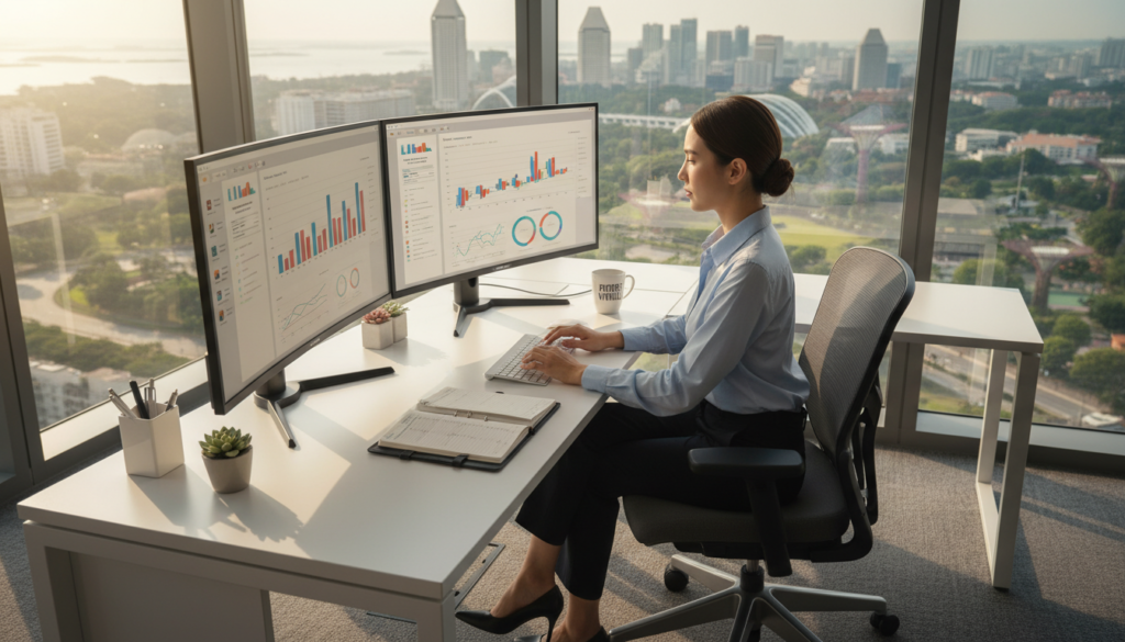 A modern virtual office setup in Singapore, featuring a stylish desk with dual monitors displaying digital documents and graphs. In the foreground, a focused professional in business casual attire is sitting at the desk, working diligently. The middle ground includes an ergonomic chair and organized office supplies, such as a planner and a coffee mug. In the background, a large window offers a view of the Singapore skyline, showcasing a mix of modern architecture and greenery. Soft, natural light streams in, creating a bright and inviting atmosphere. The angle is slightly elevated, capturing both the desk and the urban backdrop, emphasizing a sense of productivity and modernity in a virtual workspace, with a photorealistic quality that immerses the viewer.