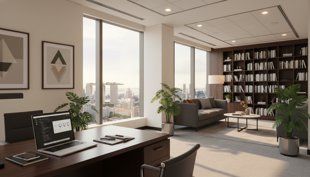 A modern virtual office setup in Singapore, showcasing a sleek and professional workspace. In the foreground, a stylish wooden desk with a high-tech laptop, a smartphone, and a notepad, all organized neatly. In the middle, a large window with a panoramic view of Singapore's skyline, allowing natural light to flood the room, casting soft shadows. Contemporary decor includes potted plants and abstract art pieces on the walls. In the background, a comfortable lounge area with a cozy couch, accent lighting, and bookshelves filled with business literature. The mood is focused yet inviting, representing productivity and innovation within a professional environment. Photorealistic image capturing vibrant colors and intricate details.
