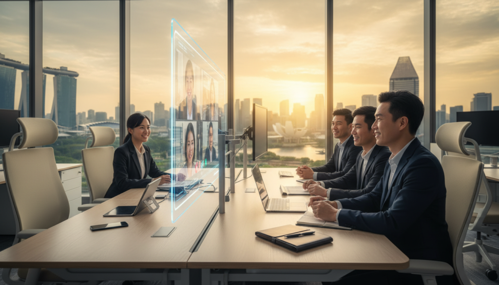 A modern virtual office space designed for flexibility and scalability, featuring a sleek and minimalistic desk setup with a laptop, a notepad, and digital devices. In the foreground, a diverse group of professionals in smart business attire collaborates over a video conference, showcasing connection and teamwork. The middle ground includes ergonomic chairs and modular workstations that can be reconfigured, symbolizing adaptability for startups and SMEs. In the background, expansive windows reveal a vibrant Singapore city skyline, illuminated by warm natural light, creating an inviting and aspirational atmosphere. The image captures a sense of innovation and growth, emphasizing the benefits of virtual office solutions for businesses in a dynamic environment, in high detail, photorealistic style. A modern virtual office space designed for flexibility and scalability, featuring a sleek and minimalistic desk setup with a laptop, a notepad, and digital devices. In the foreground, a diverse group of professionals in smart business attire collaborates over a video conference, showcasing connection and teamwork. The middle ground includes ergonomic chairs and modular workstations that can be reconfigured, symbolizing adaptability for startups and SMEs. In the background, expansive windows reveal a vibrant Singapore city skyline, illuminated by warm natural light, creating an inviting and aspirational atmosphere. The image captures a sense of innovation and growth, emphasizing the benefits of virtual office solutions for businesses in a dynamic environment, in high detail, photorealistic style.