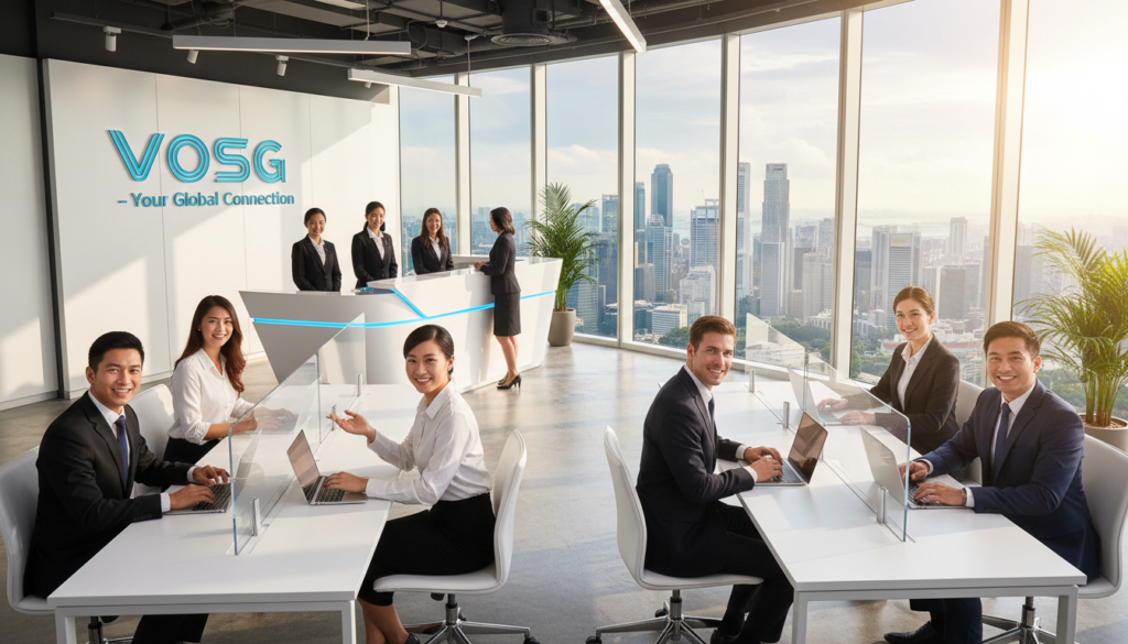 A modern virtual office space in Singapore, featuring sleek glass partitions and stylish workspace furniture. In the foreground, a diverse group of professionals in business attire are engaged in a video conference, smiling and discussing ideas, with laptops open on minimalist desks. In the middle of the scene, a well-organized reception area showcases a virtual office provider's branding, with friendly staff attending to clients. The background displays a panoramic view of the vibrant Singapore skyline through large windows, filled with natural light streaming in, creating a bright and inviting atmosphere. Shot with a wide-angle lens, capturing the essence of productivity and professionalism in a modern workspace. The mood is dynamic and collaborative, highlighting the essence of virtual office providers in Singapore.