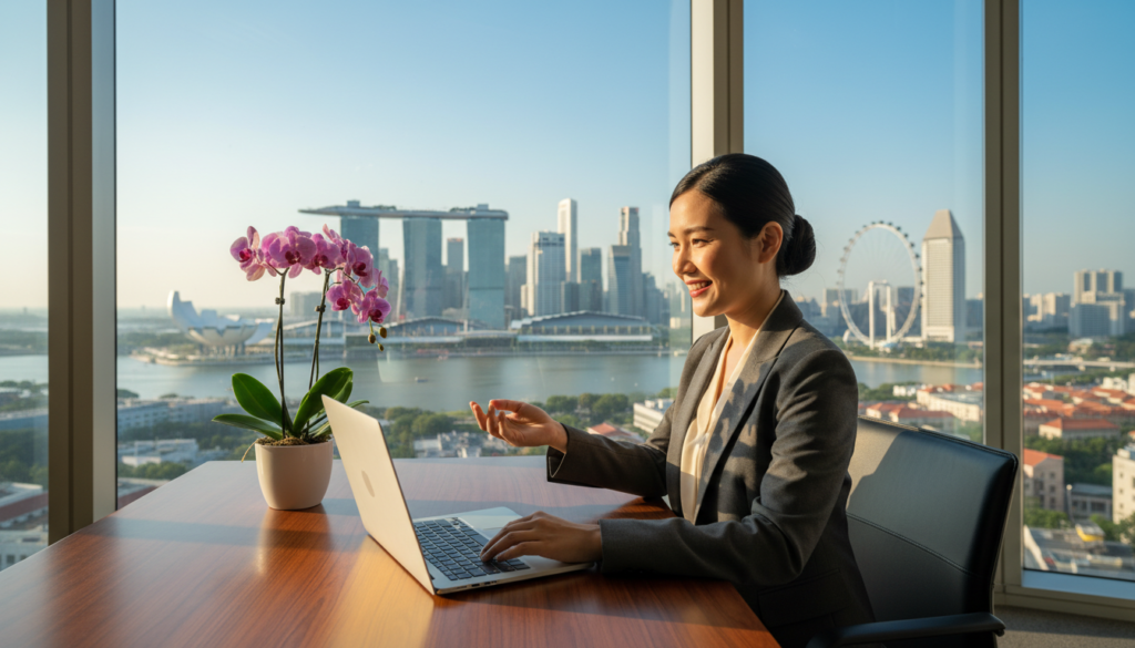 A modern virtual office space in Singapore that conveys business credibility. In the foreground, a sleek wooden desk with an open laptop and a potted orchid plant. In the middle, a well-dressed professional woman in business attire, engaged in a video call, with a confident and friendly expression. The background features a large window with a panoramic view of the Singapore skyline, showcasing iconic buildings like Marina Bay Sands and the River. Soft, natural sunlight streams in, creating a warm and inviting atmosphere. The overall mood is professional and trustworthy, emphasizing the appeal of a credible virtual business presence. The image should be photorealistic, with a focus on clarity and detail, captured from a slightly elevated angle to enhance the office layout. A modern virtual office space in Singapore that conveys business credibility. In the foreground, a sleek wooden desk with an open laptop and a potted orchid plant. In the middle, a well-dressed professional woman in business attire, engaged in a video call, with a confident and friendly expression. The background features a large window with a panoramic view of the Singapore skyline, showcasing iconic buildings like Marina Bay Sands and the River. Soft, natural sunlight streams in, creating a warm and inviting atmosphere. The overall mood is professional and trustworthy, emphasizing the appeal of a credible virtual business presence. The image should be photorealistic, with a focus on clarity and detail, captured from a slightly elevated angle to enhance the office layout.