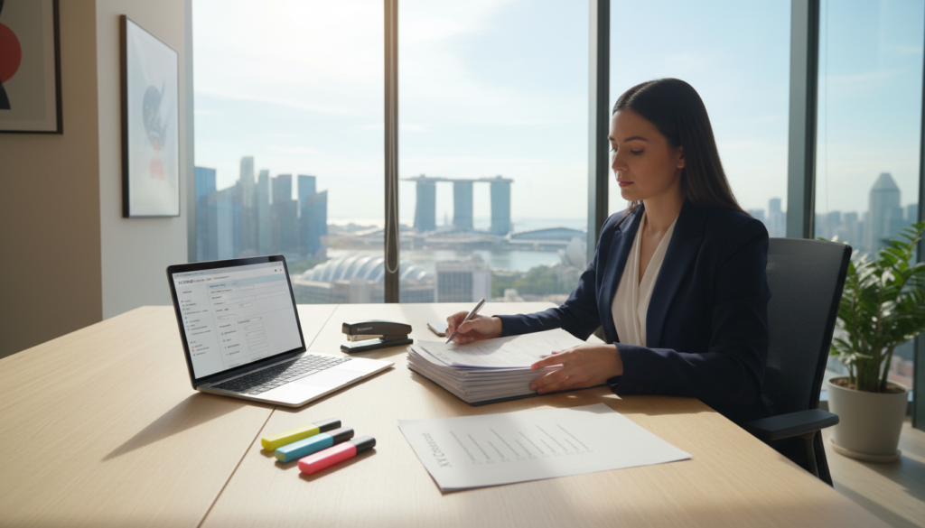 A modern, well-organized workspace depicting the preparation of KYC documents for foreign shareholders. In the foreground, a professional woman in business attire is meticulously sorting through a stack of papers and documents, with a laptop open and displaying digital KYC forms. In the middle, a neat desk adorned with a stapler, highlighters, and a checklist titled "KYC Preparation." In the background, a large window allows natural light to illuminate the room, revealing a skyline view of Singapore. The mood is focused and efficient, emphasizing the importance of attention to detail in this process. The overall scene is photorealistic, with clear lighting and an inviting atmosphere.