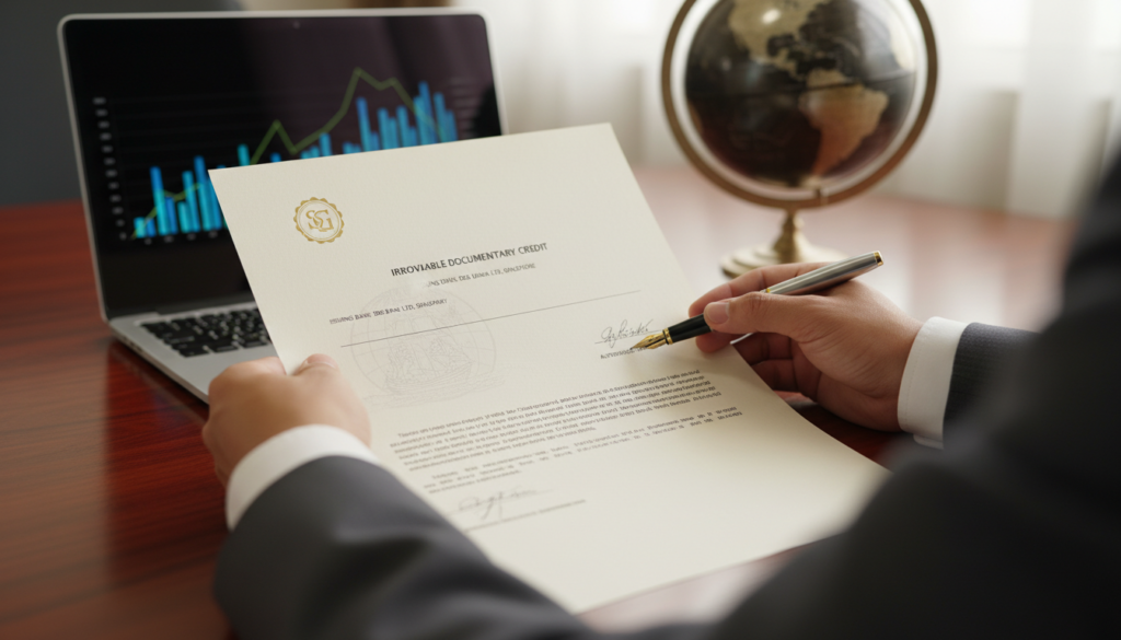 A photorealistic close-up of a letter of credit document on a polished wooden desk, showcasing intricate details like the embossed seal, watermark, and professional font. In the foreground, a pair of hands in business attire gently hold the document, emphasizing its importance in trade. In the middle, an elegant pen poised above the paper, ready for a signature, signifies the act of finalizing a financial agreement. The background includes softly blurred elements of a modern office setting, such as a laptop displaying financial charts and a globe, suggesting international trade. The overall lighting is warm and inviting, creating a sense of professionalism and trust. The mood is focused and serious, reflecting the significance of banking services for importers and exporters in Singapore.