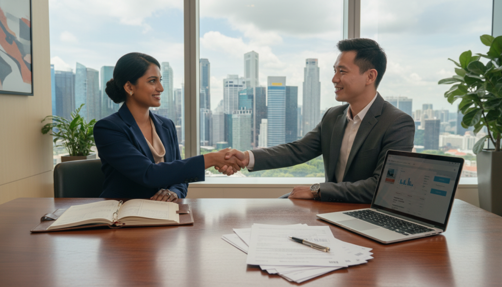A photorealistic corporate bank account scene set in a modern Singapore bank office. In the foreground, a polished wooden desk hosts an open ledger and a sleek laptop displaying a digital banking interface. Nearby, a neatly stacked pile of application forms and a sophisticated pen rest on the desk. In the middle ground, a professional-looking Indian businesswoman in formal attire is engaged in a conversation with a bank representative, both seated at the desk with smiles indicating a productive discussion. Behind them, a large window reveals a vibrant view of Singapore's skyline, with tall skyscrapers reflecting natural light that streams into the room, creating a bright and welcoming atmosphere. The overall mood is focused, professional, and encouraging of business growth.