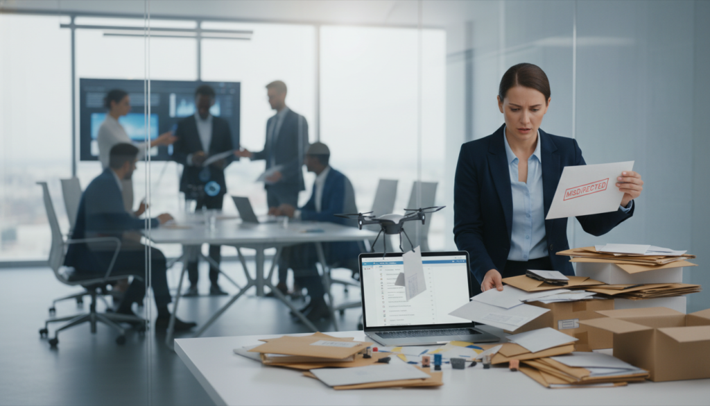 A photorealistic depiction of a busy virtual office environment illustrating the notion of pitfalls in provider mail handling. In the foreground, a professional woman in business attire examines a stack of misdelivered mail with a concerned expression, emphasizing the potential issues. The middle ground features a modern office desk cluttered with envelopes, stamps, and a laptop displaying a cluttered inbox. In the background, a sleek office with glass walls reveals blurred figures of co-workers discussing over a conference table, conveying a sense of dynamic business communication. Soft, natural lighting filters through the windows, creating a well-lit and focused atmosphere, while a shallow depth of field subtly draws attention to the foreground details. A photorealistic depiction of a busy virtual office environment illustrating the notion of pitfalls in provider mail handling. In the foreground, a professional woman in business attire examines a stack of misdelivered mail with a concerned expression, emphasizing the potential issues. The middle ground features a modern office desk cluttered with envelopes, stamps, and a laptop displaying a cluttered inbox. In the background, a sleek office with glass walls reveals blurred figures of co-workers discussing over a conference table, conveying a sense of dynamic business communication. Soft, natural lighting filters through the windows, creating a well-lit and focused atmosphere, while a shallow depth of field subtly draws attention to the foreground details.