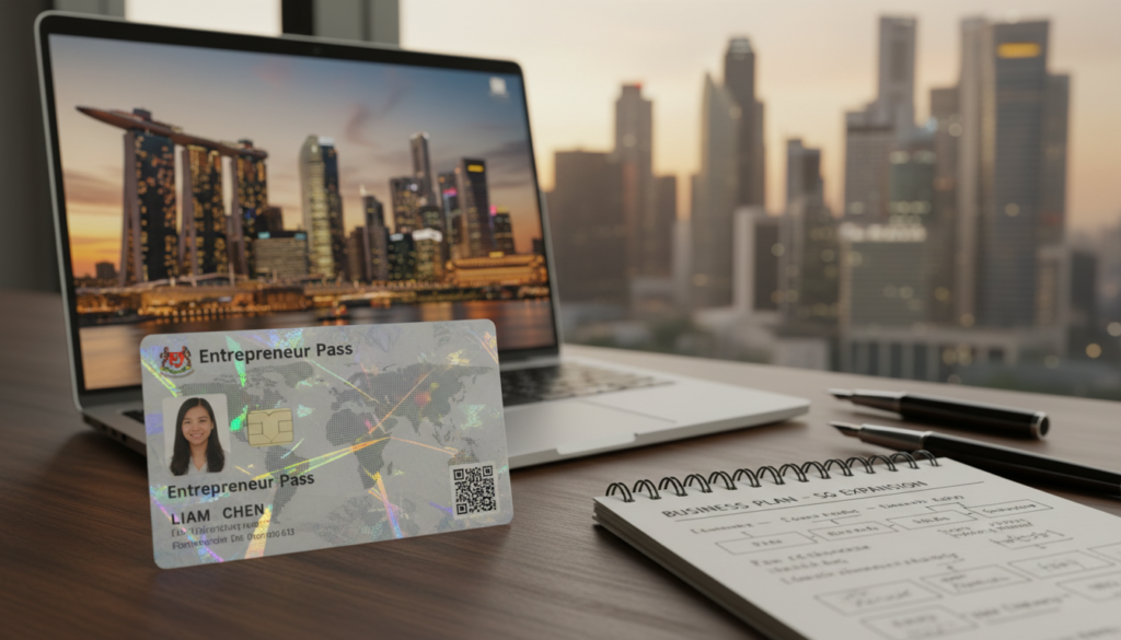A photorealistic depiction of a desk scene showcasing a work pass for a foreign entrepreneur in Singapore. In the foreground, a detailed work pass lies open, featuring vibrant security holograms and official logos. The middle ground includes a sleek laptop with a Singaporean skyline wallpaper, a couple of pens, and a notepad filled with business notes. In the background, soft-focus silhouettes of modern skyscrapers represent Singapore's bustling business environment. The lighting is warm and inviting, creating a sense of optimism and professionalism, while a slight depth of field emphasizes the work pass as the central object. The overall mood is one of opportunity and ambition, perfectly capturing the entrepreneurial spirit in Singapore.