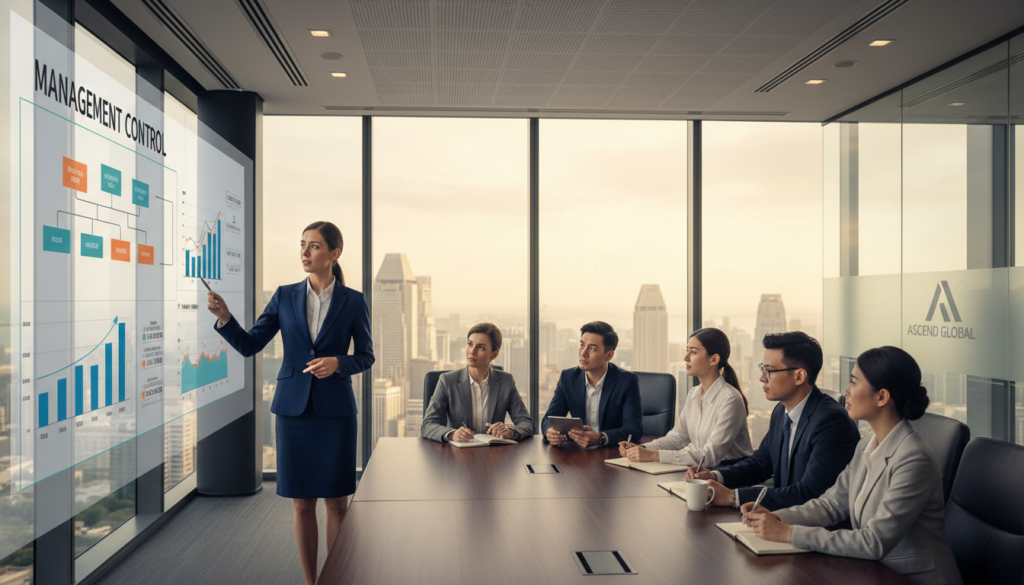 A photorealistic depiction of a modern boardroom setting, focusing on a diverse group of professionals engaged in a strategic discussion about "management control". In the foreground, a woman in a business suit points at a digital presentation on a sleek screen, showcasing charts and graphs that symbolize management strategies. In the middle ground, a diverse team of professionals, including men and women in business attire, listen intently, taking notes and collaborating. The background features large windows with a view of Singapore’s skyline, bathed in soft, natural light highlighting the modern architecture. The mood is focused and professional, emphasizing collaboration and strategic thinking in a vibrant corporate environment. A photorealistic depiction of a modern boardroom setting, focusing on a diverse group of professionals engaged in a strategic discussion about "management control". In the foreground, a woman in a business suit points at a digital presentation on a sleek screen, showcasing charts and graphs that symbolize management strategies. In the middle ground, a diverse team of professionals, including men and women in business attire, listen intently, taking notes and collaborating. The background features large windows with a view of Singapore’s skyline, bathed in soft, natural light highlighting the modern architecture. The mood is focused and professional, emphasizing collaboration and strategic thinking in a vibrant corporate environment.