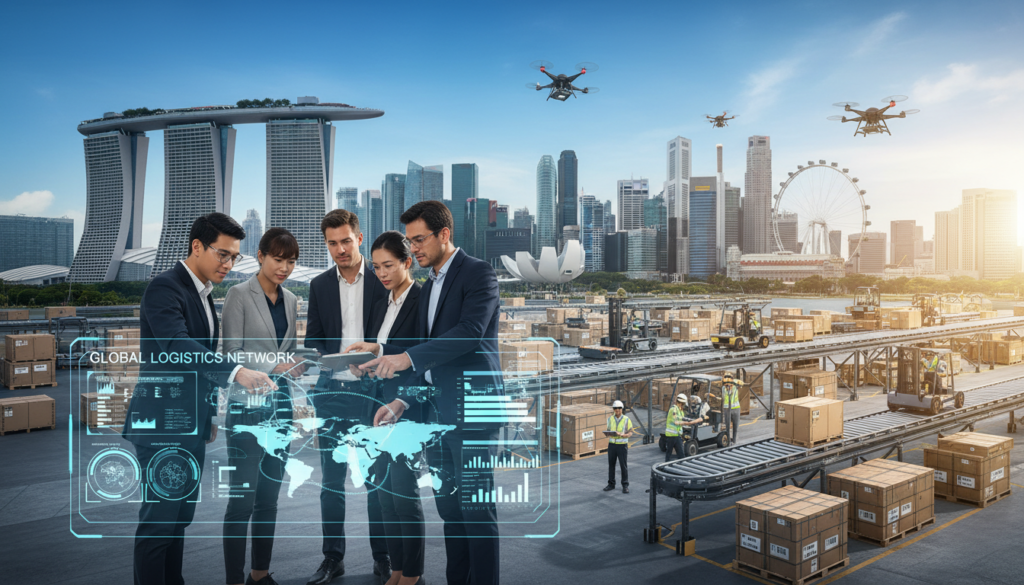 A photorealistic depiction of a modern logistics supply chain management scene in Singapore. In the foreground, showcase a diverse group of professionals in smart business attire engaged in discussions around a large digital touchscreen displaying analytics and global shipping routes. In the middle ground, include bustling warehouse operations with automated conveyor belts, drones in the air, and workers efficiently managing inventory. The background should feature Singapore's skyline, incorporating iconic buildings like Marina Bay Sands, under a bright blue sky with sunlight illuminating the scene, creating a dynamic and innovative atmosphere. Use a slightly elevated angle to capture the depth of activity and technology integration, conveying a sense of progress and efficiency in logistics. A photorealistic depiction of a modern logistics supply chain management scene in Singapore. In the foreground, showcase a diverse group of professionals in smart business attire engaged in discussions around a large digital touchscreen displaying analytics and global shipping routes. In the middle ground, include bustling warehouse operations with automated conveyor belts, drones in the air, and workers efficiently managing inventory. The background should feature Singapore's skyline, incorporating iconic buildings like Marina Bay Sands, under a bright blue sky with sunlight illuminating the scene, creating a dynamic and innovative atmosphere. Use a slightly elevated angle to capture the depth of activity and technology integration, conveying a sense of progress and efficiency in logistics.