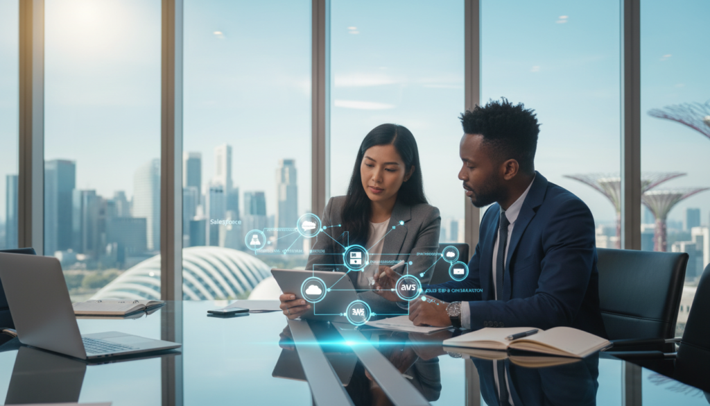 A photorealistic depiction of a modern office environment, showcasing two business professionals in professional attire discussing integration solutions. In the foreground, a diverse male and female professional, both focused and engaged, are looking at a digital tablet with a flowchart displaying various interconnected cloud applications and systems. The middle ground features a sleek, glass conference table with scattered documents and a laptop. In the background, large windows showcase a vibrant Singapore skyline with clear skies. Soft, natural lighting flows into the room, creating an inviting atmosphere. The image conveys a sense of collaboration and technological advancement, emphasizing the theme of system integration and compatibility in cloud ERP solutions.