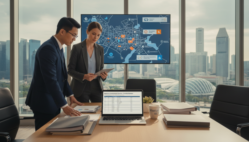 A photorealistic depiction of a modern office workspace in Singapore, showcasing a sleek table with a laptop open to a comparison chart of incorporation services, surrounded by documents and a coffee mug. In the foreground, a diverse group of two professionals, one Asian and one Caucasian, dressed in smart business attire, are engaged in discussion while examining the chart. In the middle ground, a wall-mounted screen displays a map of Singapore with highlighted areas of key incorporation service providers. The background features large windows with a skyline view of Singapore’s iconic buildings under soft, natural daylight. The atmosphere is focused and productive, reflecting a sense of professionalism and clarity.