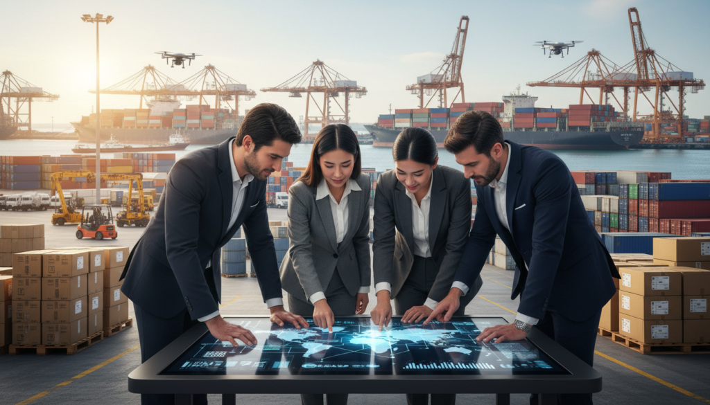 A photorealistic depiction of a modern supply chain management scene in an international logistics environment. In the foreground, a diverse group of professionals in business attire are engaged in strategic discussions over a large digital tablet displaying a complex supply chain network. The middle ground features a bustling warehouse with stacks of cargo boxes, forklifts in motion, and advanced technology like drones and automated systems for efficient operations. The background showcases a panoramic view of a busy shipping port with container ships and cranes, under bright, natural lighting that emphasizes a productive atmosphere. The image conveys a sense of organization, collaboration, and resilience in logistics, embodying best-practice foundations for effective supply chain management. A photorealistic depiction of a modern supply chain management scene in an international logistics environment. In the foreground, a diverse group of professionals in business attire are engaged in strategic discussions over a large digital tablet displaying a complex supply chain network. The middle ground features a bustling warehouse with stacks of cargo boxes, forklifts in motion, and advanced technology like drones and automated systems for efficient operations. The background showcases a panoramic view of a busy shipping port with container ships and cranes, under bright, natural lighting that emphasizes a productive atmosphere. The image conveys a sense of organization, collaboration, and resilience in logistics, embodying best-practice foundations for effective supply chain management.