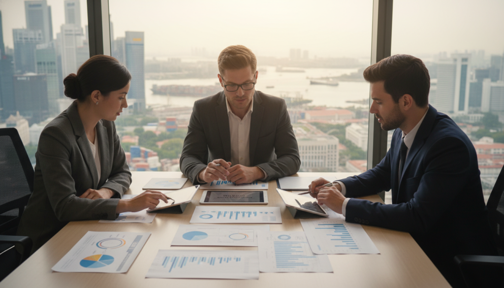 A photorealistic depiction of a modern supply chain office environment, showcasing a diverse group of three professionals in smart business attire engaged in a collaborative meeting. In the foreground, close-up on a detailed table filled with charts, graphs, and digital tablets displaying supply chain solutions. The middle ground features the team discussing trade finance strategies, with focused expressions and gestures conveying their serious engagement. In the background, large windows reveal a bustling cityscape of Singapore, with tall buildings and a vibrant skyline under soft, natural lighting that creates an optimistic atmosphere. The angle is slightly elevated, capturing both the team and the external view, emphasizing a forward-thinking and global approach to supply chain finance solutions.