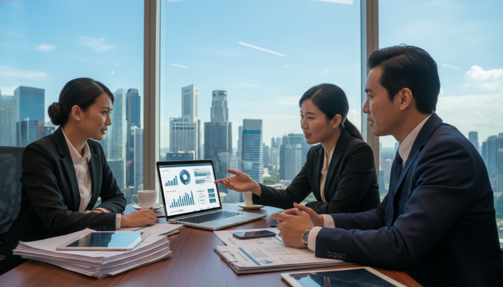 A photorealistic depiction of a modern trade finance application scenario in a professional office setting. In the foreground, a diverse group of three business professionals—two men and one woman—dressed in smart business attire, are engaged in a discussion around a laptop showing trade finance software. In the middle, the sleek laptop screen displays charts and documents related to letters of credit, while on the desk, there are organized piles of paperwork and a smartphone. The background features a large window with a view of Singapore's skyline, providing a clear blue sky that casts natural light into the room. The atmosphere conveys focus and collaboration, with warm lighting enhancing the professionalism of the environment, showcasing the importance of online applications in trade finance.