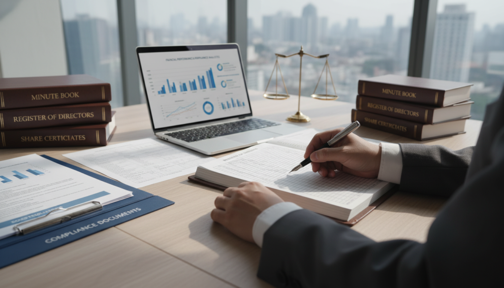 A photorealistic depiction of a neatly arranged office desk, showcasing various statutory registers and compliance documents related to corporate secretarial services. In the foreground, focus on a pair of hands in professional business attire holding a pen, poised above a legal register. The middle layer includes an open folder filled with neatly organized papers, and a laptop with financial graphs displayed on the screen. The background features a modern office environment with a large window allowing soft natural light to filter in, casting gentle shadows. The mood is professional and diligent, reflecting the importance of compliance in corporate governance, emphasizing orderliness and attention to detail.