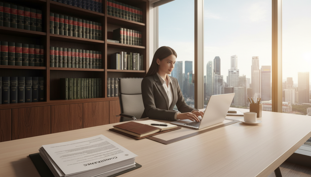 A photorealistic depiction of a professional company secretary in a sleek, modern office environment. In the foreground, a confident female secretary in smart business attire types on a laptop, appearing focused and organized. Her desk is elegantly arranged with folders, a planner, and a stack of documents labeled "Compliance" to emphasize her role. In the middle, a large window showcases a city skyline of Singapore, hinting at the bustling business landscape outside. Soft, natural lighting enhances the scene, creating a warm and inviting atmosphere. The background features a bookshelf filled with legal books, reinforcing the theme of compliance and regulations. The angle is slightly from above, offering a comprehensive view of her workspace and underlining her professionalism.