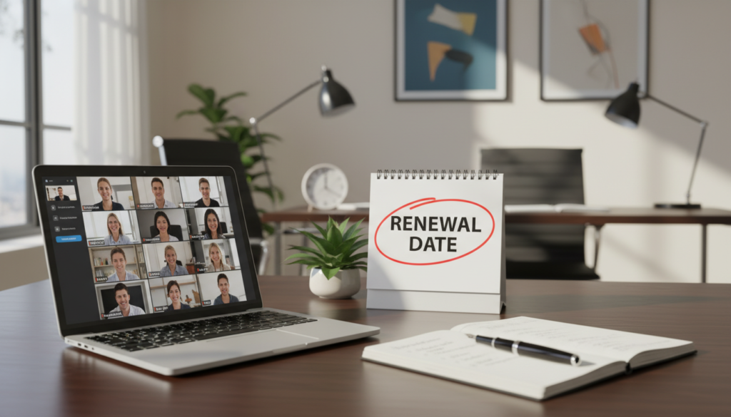 A photorealistic depiction of a professional office desk with a sleek calendar prominently displaying the phrase "Renewal Date" circled with a bright red marker. In the foreground, a polished wooden desk holds a laptop open to a virtual meeting interface, alongside a stylish pen and a notepad filled with notes. The middle ground features a tasteful office plant and a minimalist clock showing the time, suggesting important deadlines. Soft, natural light filters through a nearby window, casting gentle shadows and creating a warm, inviting atmosphere. In the background, blurred elements include modern office furniture and abstract art on the walls, reinforcing a sense of professionalism and organization, without any text or logos. The overall mood is focused and conducive to productivity. A photorealistic depiction of a professional office desk with a sleek calendar prominently displaying the phrase "Renewal Date" circled with a bright red marker. In the foreground, a polished wooden desk holds a laptop open to a virtual meeting interface, alongside a stylish pen and a notepad filled with notes. The middle ground features a tasteful office plant and a minimalist clock showing the time, suggesting important deadlines. Soft, natural light filters through a nearby window, casting gentle shadows and creating a warm, inviting atmosphere. In the background, blurred elements include modern office furniture and abstract art on the walls, reinforcing a sense of professionalism and organization, without any text or logos. The overall mood is focused and conducive to productivity.