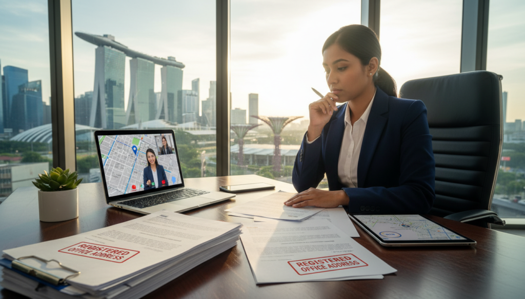 A photorealistic depiction of a professional office setting representing registered business address requirements in Singapore. In the foreground, a sleek modern desk displays a laptop, legal documents, and a small potted plant. In the middle ground, an Asian professional in business attire reviews documents, analyzing the requirements for setting up a remote business HQ. The background features a large window with a view of Singapore's skyline, showcasing iconic buildings. Soft, natural light fills the room, creating a warm and inviting atmosphere. The focus should be on clarity and detail, highlighting the essence of legal setup essentials for a remote business presence in Singapore, with a clear emphasis on professionalism and organization.