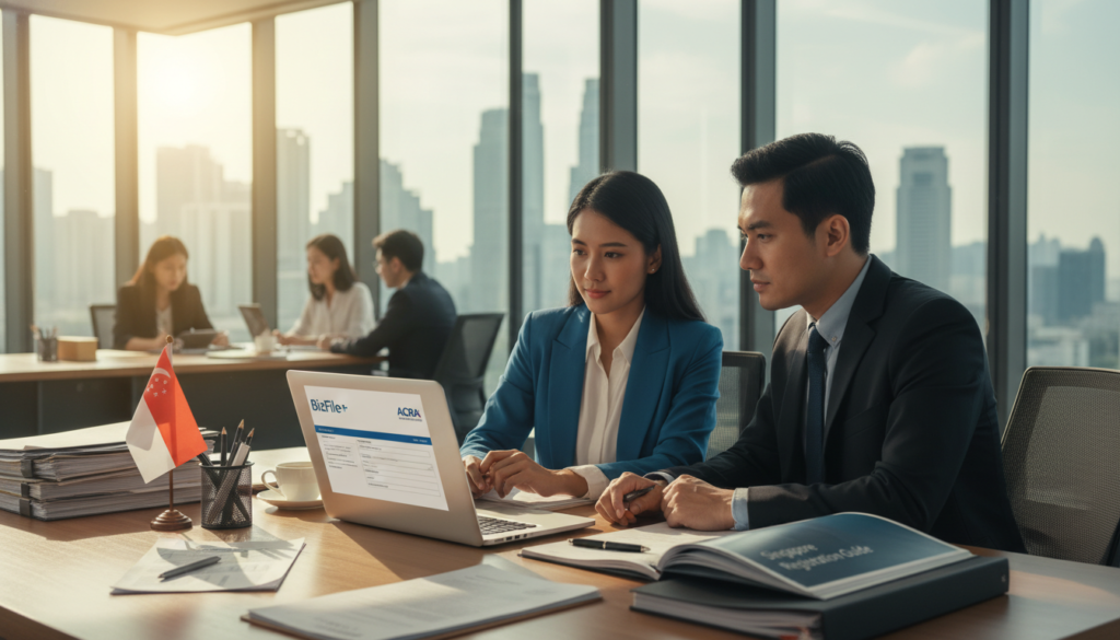 A photorealistic depiction of a professional setting showcasing a business registration process. In the foreground, a diverse group of two business professionals, one Indonesian woman in a smart blazer and a Singaporean man in a tailored suit, are examining a laptop displaying the BizFile+ interface. The middle ground features a sleek office desk adorned with documents and a brochure about Singapore company registration. In the background, a modern office environment with large windows allowing natural light to pour in, casting soft shadows. The atmosphere is focused and collaborative, suggesting a sense of clarity and professionalism. The lighting is warm and welcoming, enhancing the overall mood of a constructive business interaction.