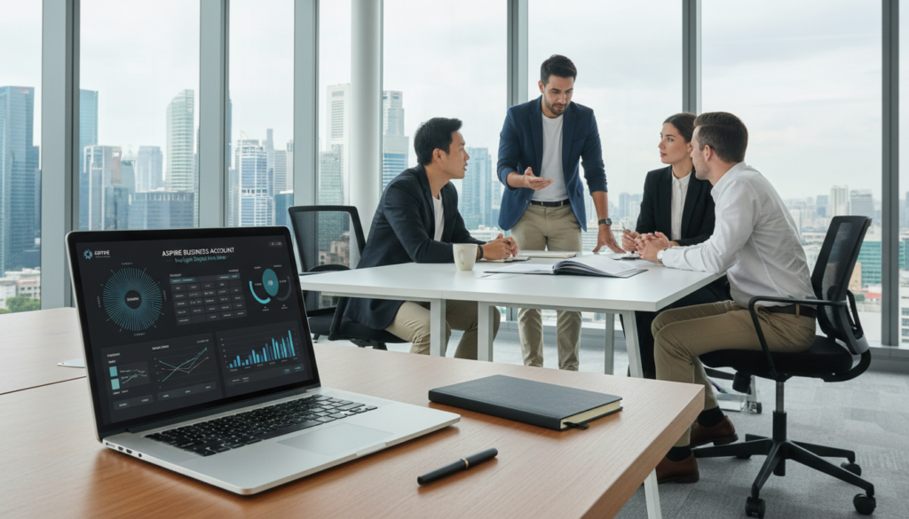 A photorealistic depiction of a professional workspace representing the Aspire Business Account. In the foreground, a sleek laptop displays a dashboard with graphs and analytics, symbolizing effective digital banking for SMEs. Beside it, modern stationery like a notebook and a pen evoke a minimalist design. The middle ground features a diverse group of business professionals in smart casual attire, actively engaging in discussions, with a coffee cup and document folders visible on the table. The background showcases a bright, airy office with large windows, letting in natural light, and skyscrapers of Singapore visible outside. The atmosphere is dynamic and collaborative, reflecting a fee-light option for digital-first SMEs. Capture the essence of innovation and professionalism in this vibrant corporate setting.