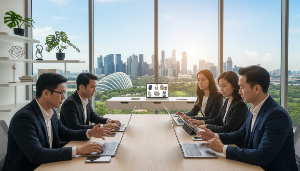 A photorealistic depiction of a remote dropshipping business model set in Singapore. In the foreground, a diverse group of professionals, dressed in smart business attire, are engaged in a virtual meeting on laptops and tablets, showcasing items for sale. In the middle ground, a modern home office with sleek furniture is visible, adorned with minimalist decor and plants. Large windows reveal a vibrant Singapore skyline in the background, with iconic skyscrapers and greenery under a clear blue sky. Soft, natural lighting filters through the windows, creating an inviting atmosphere. The image should evoke a sense of innovation, collaboration, and the dynamic nature of remote entrepreneurship. A photorealistic depiction of a remote dropshipping business model set in Singapore. In the foreground, a diverse group of professionals, dressed in smart business attire, are engaged in a virtual meeting on laptops and tablets, showcasing items for sale. In the middle ground, a modern home office with sleek furniture is visible, adorned with minimalist decor and plants. Large windows reveal a vibrant Singapore skyline in the background, with iconic skyscrapers and greenery under a clear blue sky. Soft, natural lighting filters through the windows, creating an inviting atmosphere. The image should evoke a sense of innovation, collaboration, and the dynamic nature of remote entrepreneurship.