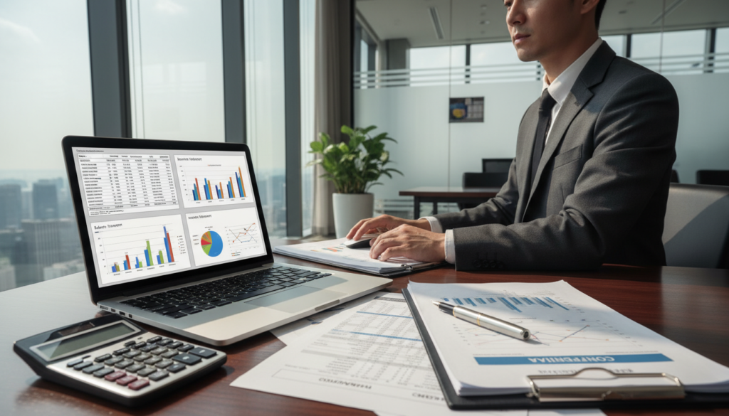 A photorealistic depiction of a sophisticated office setting featuring an open laptop displaying detailed financial statements, including balance sheets and income statements, with charts and graphs illustrating key data points. In the foreground, a neatly arranged desk with a classic pen, a calculator, and financial documents is visible. In the middle ground, a professional individual in business attire, focusing intently on the screen, with a thoughtful expression. The background features a sleek office environment with glass windows showing a skyline view of Singapore, casting natural light that enhances the mood of diligence and professionalism. The atmosphere conveys a sense of clarity and precision, emblematic of corporate compliance and financial regulatory standards. A photorealistic depiction of a sophisticated office setting featuring an open laptop displaying detailed financial statements, including balance sheets and income statements, with charts and graphs illustrating key data points. In the foreground, a neatly arranged desk with a classic pen, a calculator, and financial documents is visible. In the middle ground, a professional individual in business attire, focusing intently on the screen, with a thoughtful expression. The background features a sleek office environment with glass windows showing a skyline view of Singapore, casting natural light that enhances the mood of diligence and professionalism. The atmosphere conveys a sense of clarity and precision, emblematic of corporate compliance and financial regulatory standards.