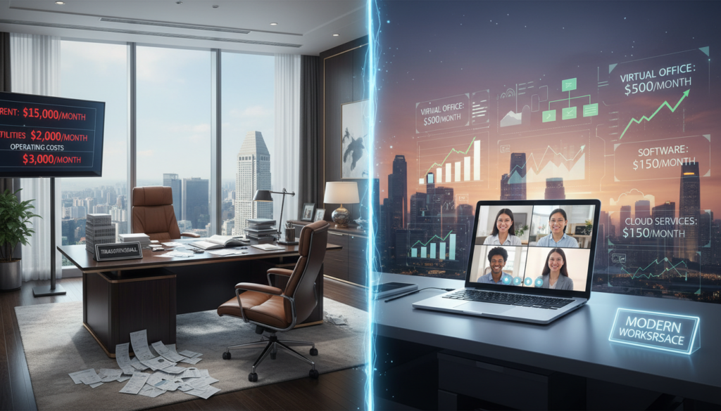 A photorealistic depiction of a split office scene illustrating the cost of a physical office compared to a virtual office. In the foreground, a detailed view of a sleek, modern physical office space with expensive furniture, a cluttered desk with bills, and high rental prices displayed prominently. In the middle, contrasting elements show a digital interface depicting a virtual office—neat, organized, with a laptop and virtual meeting setup, surrounded by indicators of cost efficiency like graphs and flowcharts. In the background, an urban Singapore skyline visible through large glass windows, illuminated by soft, natural light filtering in. The atmosphere should convey a sense of professionalism and financial insight, inviting viewers to consider the advantages of virtual solutions over traditional office spaces. A photorealistic depiction of a split office scene illustrating the cost of a physical office compared to a virtual office. In the foreground, a detailed view of a sleek, modern physical office space with expensive furniture, a cluttered desk with bills, and high rental prices displayed prominently. In the middle, contrasting elements show a digital interface depicting a virtual office—neat, organized, with a laptop and virtual meeting setup, surrounded by indicators of cost efficiency like graphs and flowcharts. In the background, an urban Singapore skyline visible through large glass windows, illuminated by soft, natural light filtering in. The atmosphere should convey a sense of professionalism and financial insight, inviting viewers to consider the advantages of virtual solutions over traditional office spaces.