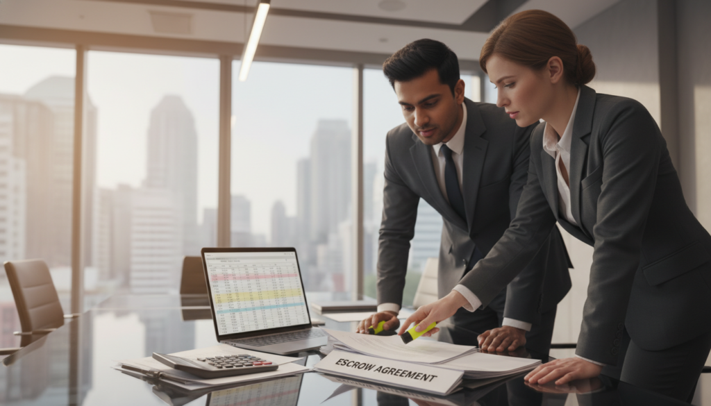 A photorealistic depiction of an escrow account process in a professional business setting. In the foreground, a sleek glass table holds a stack of documents labeled "Escrow Agreement," surrounded by a calculator and a laptop displaying spreadsheets. In the middle, two professionals in business attire, a diverse man and woman, are engaged in discussion while examining the documents. They are highlighting important sections, reflecting focus and collaboration. The background features a modern office environment with subtle cityscape views through large windows, bathed in soft, natural light. The atmosphere conveys trust and professionalism, showcasing the importance of secure financial transactions. A photorealistic depiction of an escrow account process in a professional business setting. In the foreground, a sleek glass table holds a stack of documents labeled "Escrow Agreement," surrounded by a calculator and a laptop displaying spreadsheets. In the middle, two professionals in business attire, a diverse man and woman, are engaged in discussion while examining the documents. They are highlighting important sections, reflecting focus and collaboration. The background features a modern office environment with subtle cityscape views through large windows, bathed in soft, natural light. The atmosphere conveys trust and professionalism, showcasing the importance of secure financial transactions.