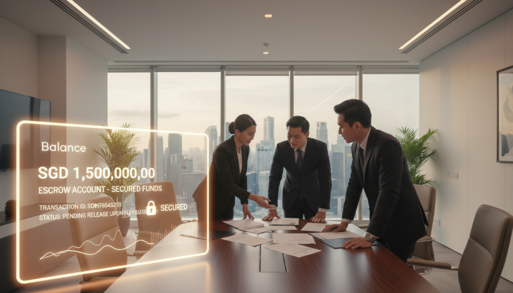 A photorealistic depiction of an escrow account scene in a modern Singapore business setting. In the foreground, a secure digital interface displays the balance of an escrow account, emphasizing transparency and trust. The middle ground features diverse professionals in smart business attire discussing over paperwork, symbolizing collaboration and secure transactions. The background showcases a sleek office environment with a view of Singapore's skyline through large glass windows, highlighting the city’s business hub. Soft, warm lighting creates a welcoming atmosphere, illuminating the details of the workspace and conveying a sense of professionalism and security. The overall mood is confident and reassuring, reflecting the reliability of escrow services in business banking. A photorealistic depiction of an escrow account scene in a modern Singapore business setting. In the foreground, a secure digital interface displays the balance of an escrow account, emphasizing transparency and trust. The middle ground features diverse professionals in smart business attire discussing over paperwork, symbolizing collaboration and secure transactions. The background showcases a sleek office environment with a view of Singapore's skyline through large glass windows, highlighting the city’s business hub. Soft, warm lighting creates a welcoming atmosphere, illuminating the details of the workspace and conveying a sense of professionalism and security. The overall mood is confident and reassuring, reflecting the reliability of escrow services in business banking.