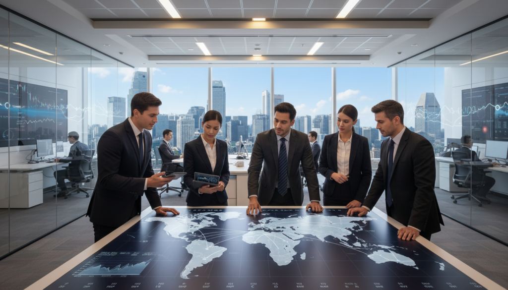 A photorealistic depiction of international payments in a modern banking environment. In the foreground, a diverse group of professionals in smart business attire are engaged in a discussion, analyzing multi-currency accounts. One is using a tablet displaying digital currency graphs, while another points at a world map with connecting lines representing global transactions. In the middle ground, a sleek office setting highlights financial technology, with currency symbols and SWIFT codes subtly integrated into the design. The background shows a cityscape of Singapore, featuring high-rise buildings and a clear sky. The lighting is bright and inviting, creating a professional and optimistic atmosphere, captured with a wide-angle lens to convey depth and engagement in the financial solutions being discussed.