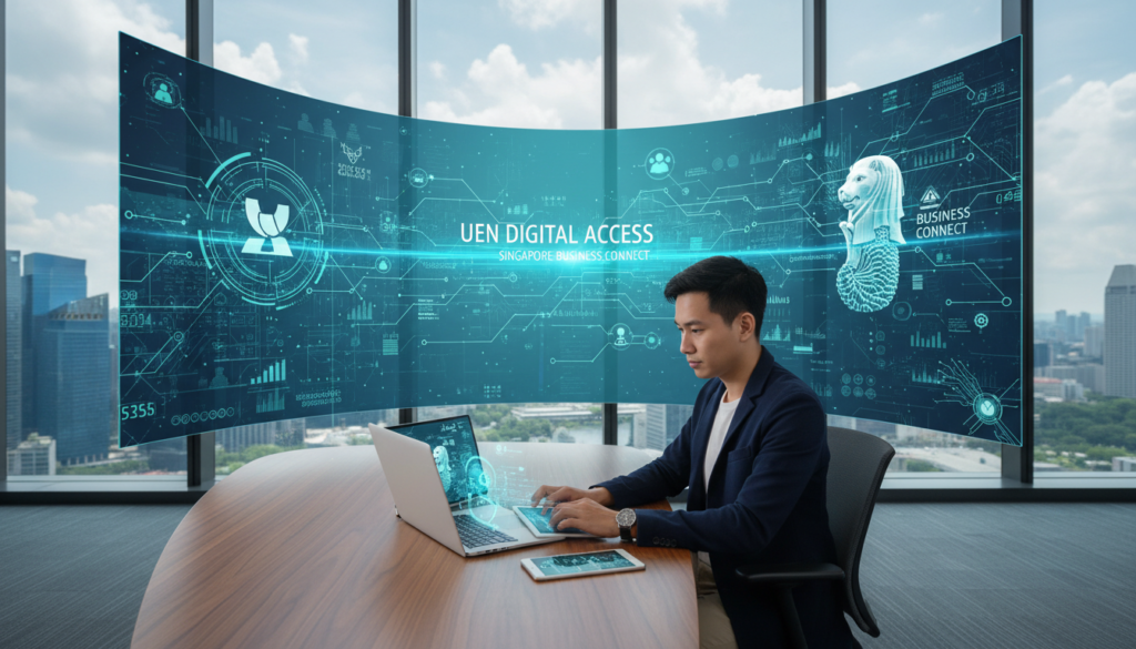A photorealistic digital workspace illustrating the concept of UEN digital access. In the foreground, a focused professional in smart casual attire is seated at a sleek desk, interacting with a modern laptop and various digital devices like a tablet and smartphone, displaying digital interfaces. The middle ground features a large screen showing a vibrant, abstract representation of interconnected networks and digital access symbols. The background showcases a contemporary office setting with large windows, allowing natural light to stream in, creating a bright and inviting atmosphere. The entire scene conveys a sense of professionalism and progress, emphasizing the importance of digital access for new companies in Singapore. A photorealistic digital workspace illustrating the concept of UEN digital access. In the foreground, a focused professional in smart casual attire is seated at a sleek desk, interacting with a modern laptop and various digital devices like a tablet and smartphone, displaying digital interfaces. The middle ground features a large screen showing a vibrant, abstract representation of interconnected networks and digital access symbols. The background showcases a contemporary office setting with large windows, allowing natural light to stream in, creating a bright and inviting atmosphere. The entire scene conveys a sense of professionalism and progress, emphasizing the importance of digital access for new companies in Singapore.