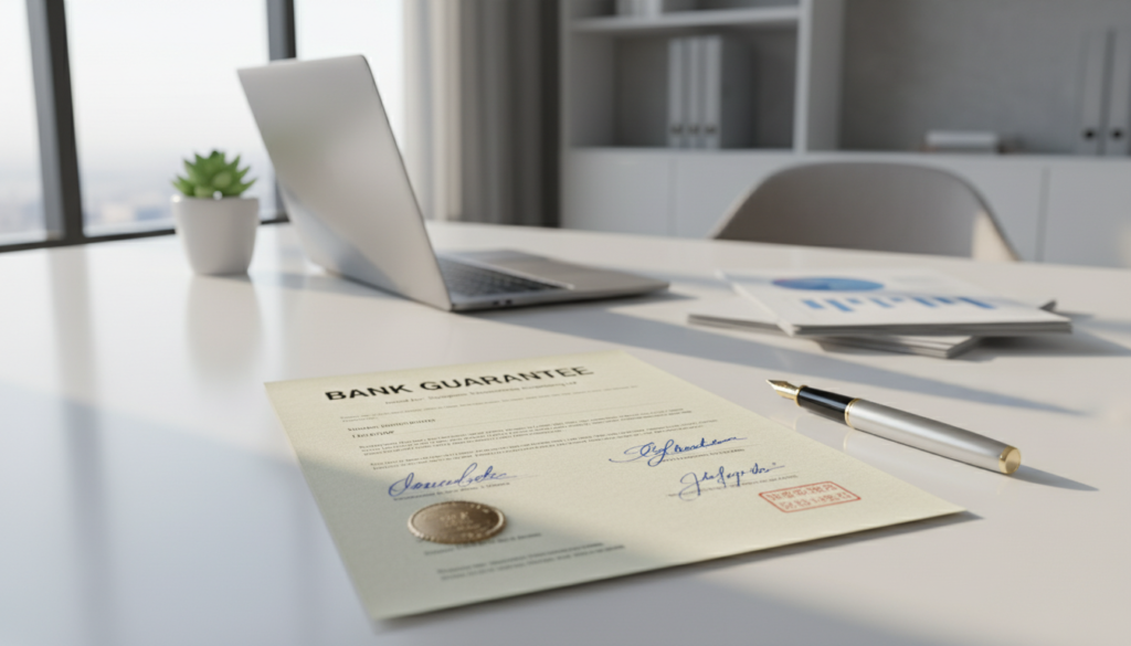 A photorealistic illustration of a bank guarantee document laying prominently on a modern office desk, with a sleek fountain pen next to it. In the foreground, the document is partially illuminated, displaying intricate details like signatures and official stamps, evoking trust and security. In the middle, a blurred background features a well-organized workspace, including a laptop, financial reports, and a small potted plant, suggesting a productive environment. Soft natural light streams in through a large window, casting gentle shadows that enhance the professionalism of the scene. The overall mood is one of confidence and stability, reflecting the importance of performance guarantees for Singapore companies. A photorealistic illustration of a bank guarantee document laying prominently on a modern office desk, with a sleek fountain pen next to it. In the foreground, the document is partially illuminated, displaying intricate details like signatures and official stamps, evoking trust and security. In the middle, a blurred background features a well-organized workspace, including a laptop, financial reports, and a small potted plant, suggesting a productive environment. Soft natural light streams in through a large window, casting gentle shadows that enhance the professionalism of the scene. The overall mood is one of confidence and stability, reflecting the importance of performance guarantees for Singapore companies.