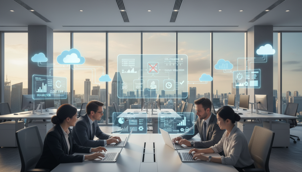 A photorealistic illustration of a cloud-based ERP system in a modern office environment. In the foreground, a diverse group of professionals in business attire, actively discussing their laptops and tablets displaying cloud interfaces with graphs and data analytics. The middle ground features sleek, contemporary desks and cloud icons floating above, symbolizing connectivity and digital solutions. In the background, large windows reveal a vibrant city skyline of Singapore, bathed in natural light, creating an atmosphere of innovation and progress. The scene conveys a mood of collaboration and decision-making, highlighting the advantages of cloud solutions over on-premise setups. Use soft, even lighting to create a welcoming vibe.