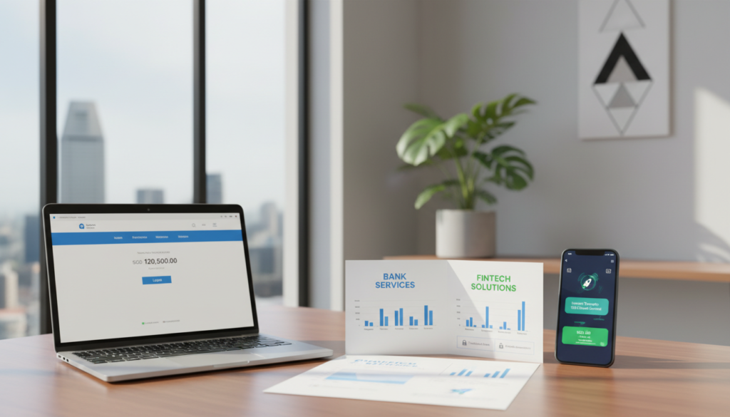 A photorealistic illustration of a modern bank account scene, depicting a sleek office desk in the foreground with a high-end laptop displaying digital banking interfaces. To the side, a smartphone shows a fintech banking app with notifications. In the middle, there are neatly arranged financial documents, including charts and graphs comparing bank services versus fintech solutions, all illuminated by soft, natural lighting coming from a large window. The background features a minimalist office environment with a plant and modern decor, conveying a professional and contemporary atmosphere. The mood is focused and informative, perfect for illustrating corporate banking comparisons in Singapore.