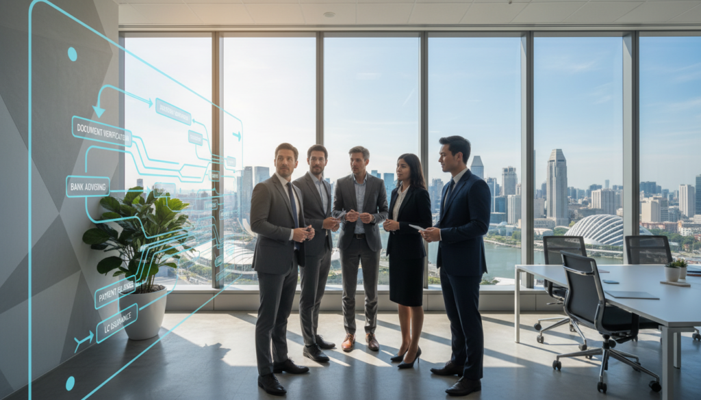 A photorealistic illustration of an "LC processing flow" in a modern, sleek office setting. In the foreground, a diverse group of professionals in smart business attire focuses on a detailed flowchart displayed on a digital screen, showcasing steps like document verification, approval, and payment. In the middle background, a large window reveals the Singapore skyline, with iconic buildings and a clear blue sky. The lighting is bright and natural, streaming in from the window, creating a productive atmosphere. The scene conveys a sense of collaboration and efficiency, emphasizing the practical aspects of Letter of Credit processing in business banking.