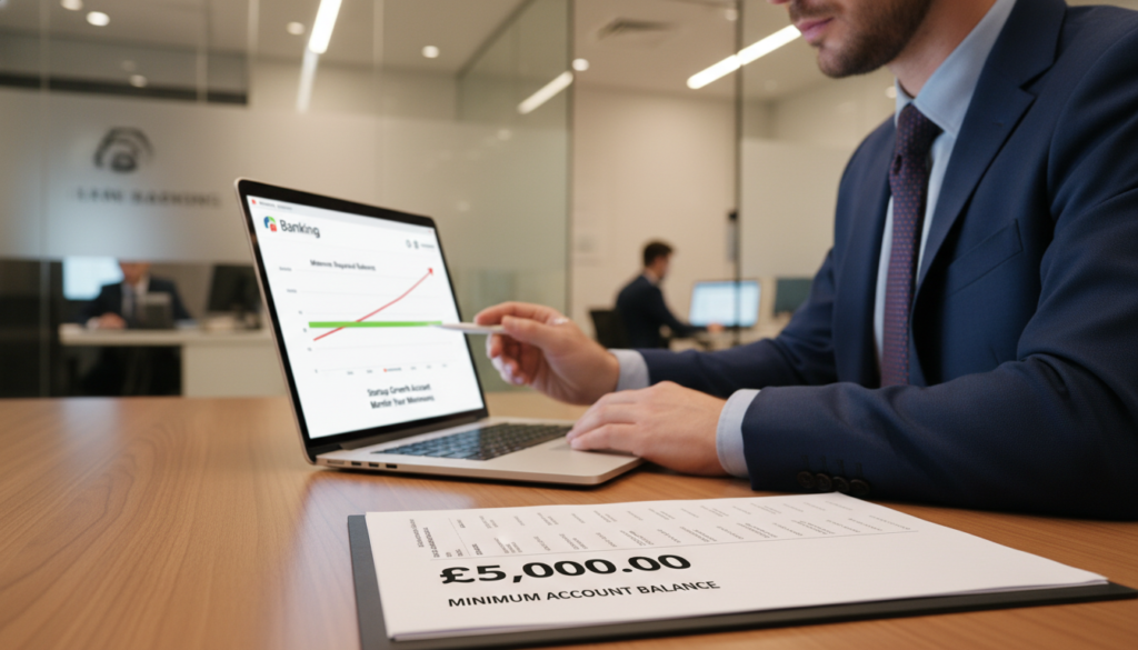 A photorealistic image conveying the concept of "minimum balance" in a financial context. In the foreground, a sleek modern bank statement is prominently displayed, with well-organized numbers representing a minimum balance in bold figures. To the right, a professional businessperson in smart attire, a suit and tie, is analyzing the statement, looking intently at the screen. In the middle ground, a stylish laptop is open, showcasing a digital banking dashboard with graphs that represent financial progress and minimum requirements. The background features a contemporary bank interior with elegant design elements like glass walls and soft ambient lighting, creating a serious yet inviting atmosphere. The overall mood should reflect professionalism, trust, and clarity in financial management, emphasizing the importance of understanding minimum balance criteria for startups.