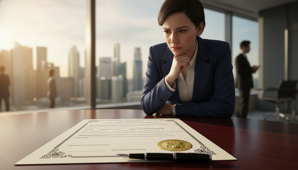A photorealistic image depicting a banker’s guarantee document prominently placed on a polished wooden desk. In the foreground, the document, adorned with detailed security features, a gold seal, and a signature line, is complemented by a sleek black pen. The middle ground features a professional individual in a well-tailored business suit, studying the document seriously while displaying concern and attention to detail. In the background, there are blurred silhouettes of a modern office environment, including a skyline view of Singapore's iconic buildings through a large window, bathed in natural sunlight. The overall atmosphere is one of professionalism, trust, and the critical importance of secure financial guarantees in business transactions. A photorealistic image depicting a banker’s guarantee document prominently placed on a polished wooden desk. In the foreground, the document, adorned with detailed security features, a gold seal, and a signature line, is complemented by a sleek black pen. The middle ground features a professional individual in a well-tailored business suit, studying the document seriously while displaying concern and attention to detail. In the background, there are blurred silhouettes of a modern office environment, including a skyline view of Singapore's iconic buildings through a large window, bathed in natural sunlight. The overall atmosphere is one of professionalism, trust, and the critical importance of secure financial guarantees in business transactions.