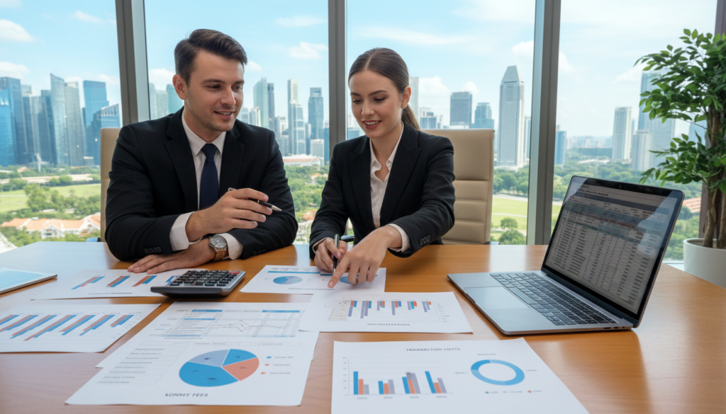 A photorealistic image depicting a business setting focused on bank fees. In the foreground, a sleek wooden table is cluttered with financial documents, charts comparing low fees, monthly fees, and transaction costs. A modern calculator and a stylish laptop are visible, showing financial spreadsheets. In the middle ground, two professionals, a man and a woman, are discussing these fees. They are dressed in smart business attire, with engaging expressions as they point at the documents. In the background, a large window reveals a sunny Singapore skyline, providing a vibrant atmosphere. The lighting is bright and inviting, casting soft shadows that enhance the professionalism of the scene. The mood is focused and analytical, perfectly suited for a financial comparison discussion.