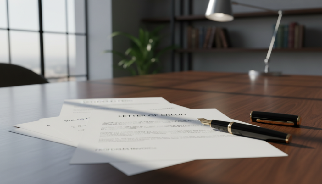 A photorealistic image depicting a close-up view of payment assurance trade documents spread across a polished wooden desk. In the foreground, there are neatly organized documents, including a Letter of Credit prominently displayed. A stylish fountain pen is resting beside the papers, hinting at a professional setting. In the middle ground, soft natural light filters through a nearby window, casting gentle shadows that enhance the texture of the documents. The background features a modern, minimalist office environment with blurred shelves of business books and a potted plant adding a touch of greenery. The overall mood is one of professionalism and trust, reflecting the security and reliability of international trade payments. The composition should be captured with a shallow depth of field, focusing on the documents and creating an inviting atmosphere for readers.