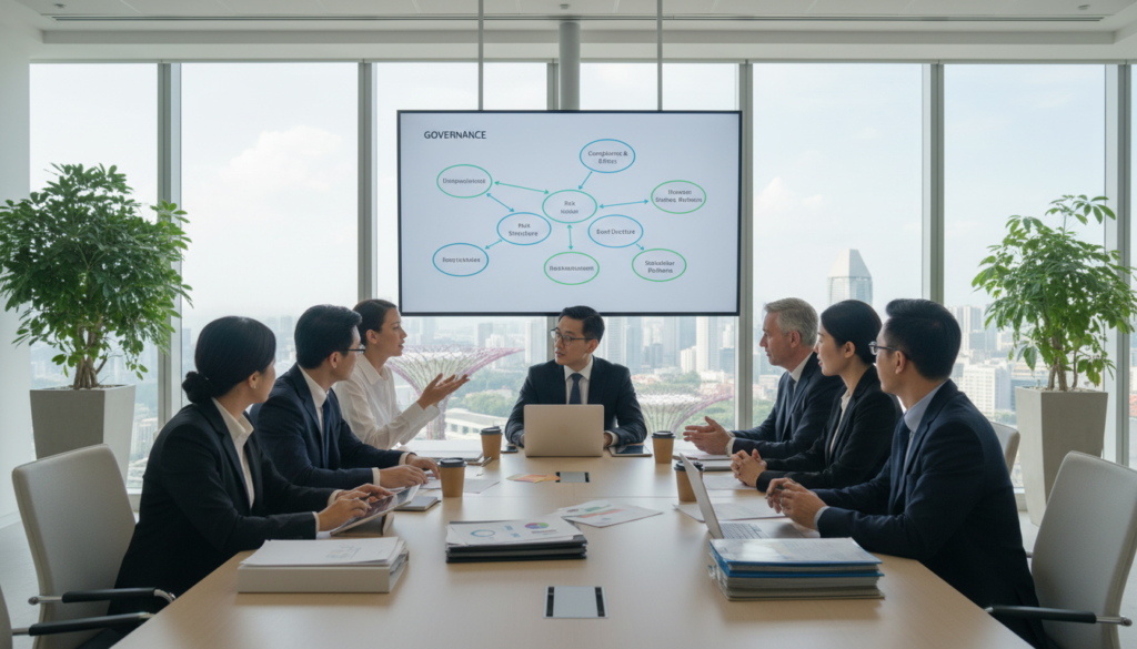 A photorealistic image depicting a corporate governance meeting in a modern office setting. In the foreground, a diverse group of professionals in business attire engage in discussion around a sleek conference table scattered with documents and digital tablets, showcasing charts and graphs. In the middle ground, a large screen displays a clear governance framework, representing compliance strategies visually. The background features large windows with a view of Singapore’s iconic skyline, bathed in natural sunlight, creating an atmosphere of productivity and professionalism. The lighting is bright yet soft, highlighting the focus and collaboration among the participants. The composition captures the essence of effective governance and company secretary support, emphasizing teamwork and strategic planning without any text or overlays.