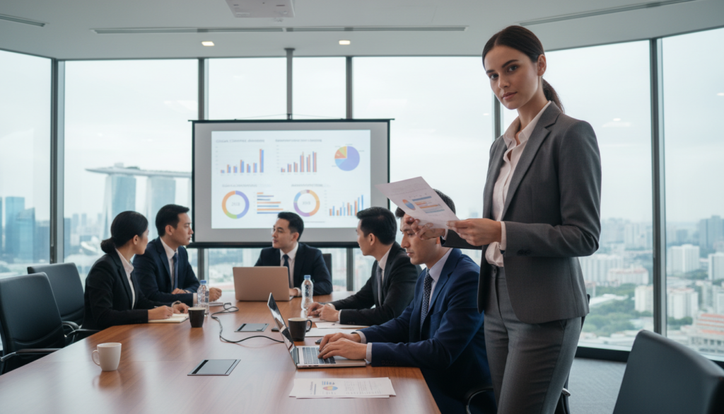 A photorealistic image depicting a diverse group of professional individuals engaged in a meeting focused on managing corporate changes. In the foreground, a confident woman in a tailored business suit reviews documents on a sleek conference table. Accompanying her, a man in formal attire uses a laptop to analyze data. In the middle ground, a projector displays graphs and charts highlighting compliance metrics. The background features a modern office environment with large windows showcasing a skyline view of Singapore, suffused with natural light. The atmosphere is collaborative and dynamic, conveying a sense of focus and professionalism, illustrating the importance of corporate compliance and adaptability in a changing business landscape.