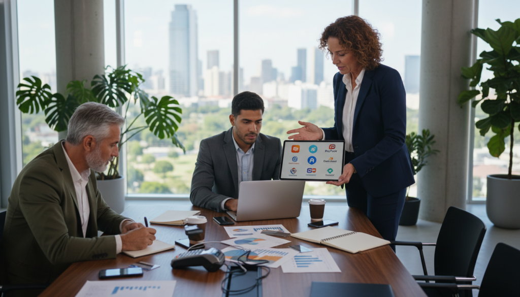 A photorealistic image depicting a diverse group of professionals in a modern office setting, focused on discussing digital payment solutions. In the foreground, a middle-aged woman in professional attire is pointing at a digital tablet displaying various payment platform logos. Beside her, a young man in a suit is taking notes, while an older man in a smart casual outfit examines a laptop. The middle layer features a sleek conference table scattered with documents and devices representing different payment systems. In the background, large windows let in bright natural light, illuminating the contemporary workspace with greenery visible outside, creating an optimistic and dynamic atmosphere. The composition emphasizes collaboration and the thoughtful selection of payment solutions for business efficiency.