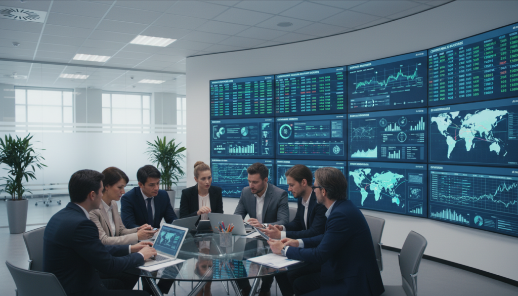 A photorealistic image depicting a modern banking and payments operations center. In the foreground, a diverse group of professionals in business attire collaborate over digital tablets and laptops, analyzing data and discussing strategies for global expansion. The middle ground features sleek, large screens displaying real-time financial data, payment transaction flows, and graphs, symbolizing operational readiness. In the background, a contemporary office environment with glass partitions, subtle greenery, and ambient lighting creates a warm, inviting atmosphere. The lighting is bright but soft, enhancing the focus on the team's engagement. Capture the essence of innovation and professionalism, with a feeling of synergy and readiness for global business opportunities.