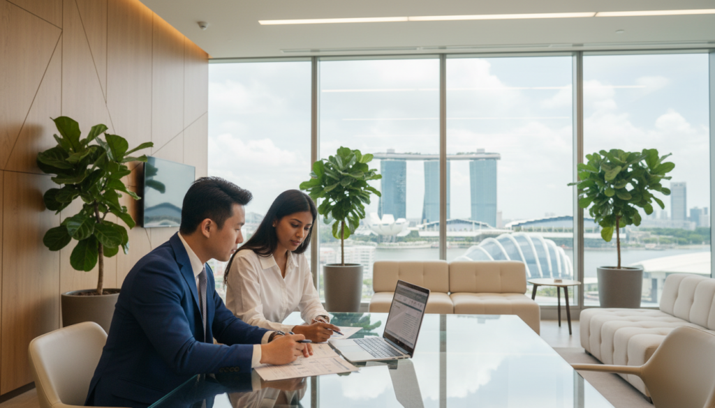A photorealistic image depicting a modern banking environment focusing on SME banking solutions in Singapore. In the foreground, a diverse group of two professional business people—one male and one female—are reviewing financial documents at a sleek glass table with a laptop open, symbolizing the assessment of fees and minimum balance requirements. In the middle ground, a large, bright window showcases the Singapore skyline, featuring iconic buildings. Subtle lighting from both natural and overhead sources creates a warm and inviting atmosphere. The background includes a stylish banking office interior, complete with green plants and minimalist furniture, enhancing the sense of professionalism and innovation. The overall mood is one of focus and determination, ideal for SMEs making important financial decisions.