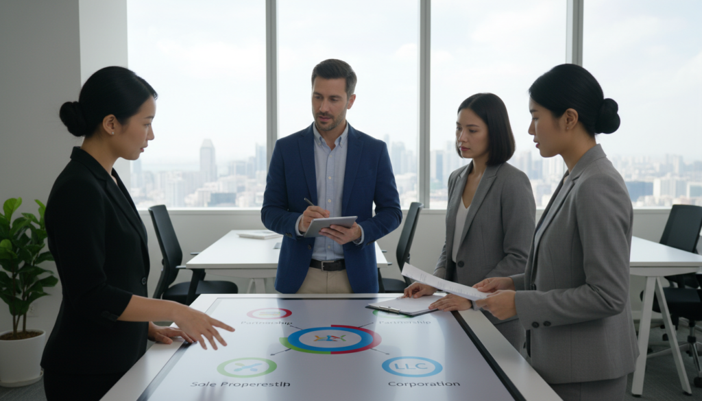 A photorealistic image depicting a modern office setting where a diverse group of professionals are engaged in a discussion about business structures. In the foreground, a well-dressed Asian woman points to a digital presentation on a sleek touchscreen table that showcases various business structure diagrams. The middle ground features a confident man in a smart blazer, taking notes on a tablet, and a thoughtful woman in a business suit, reviewing documents. The background shows a large window with a view of Singapore’s skyline, bathed in natural daylight for an optimistic atmosphere. The lighting is bright and professional, enhancing the sense of collaboration and strategic planning, while maintaining a clean and organized workspace. A photorealistic image depicting a modern office setting where a diverse group of professionals are engaged in a discussion about business structures. In the foreground, a well-dressed Asian woman points to a digital presentation on a sleek touchscreen table that showcases various business structure diagrams. The middle ground features a confident man in a smart blazer, taking notes on a tablet, and a thoughtful woman in a business suit, reviewing documents. The background shows a large window with a view of Singapore’s skyline, bathed in natural daylight for an optimistic atmosphere. The lighting is bright and professional, enhancing the sense of collaboration and strategic planning, while maintaining a clean and organized workspace.